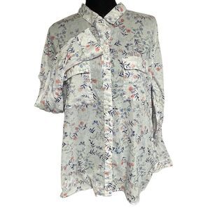 GAP White and Floral Semi Sheer Boyfriend Button Front Top
